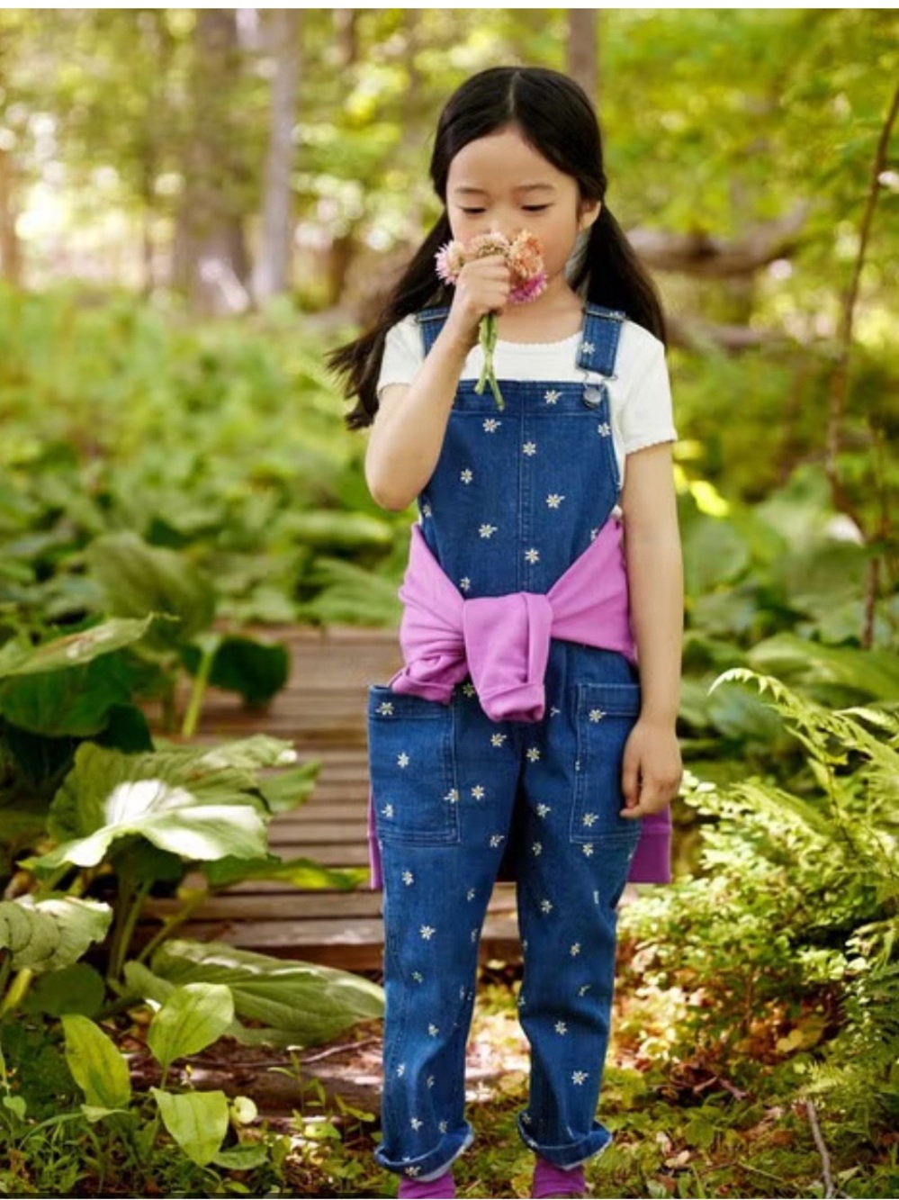 Hanna Andersson Blue Denim overalls with Daisy Embroidery